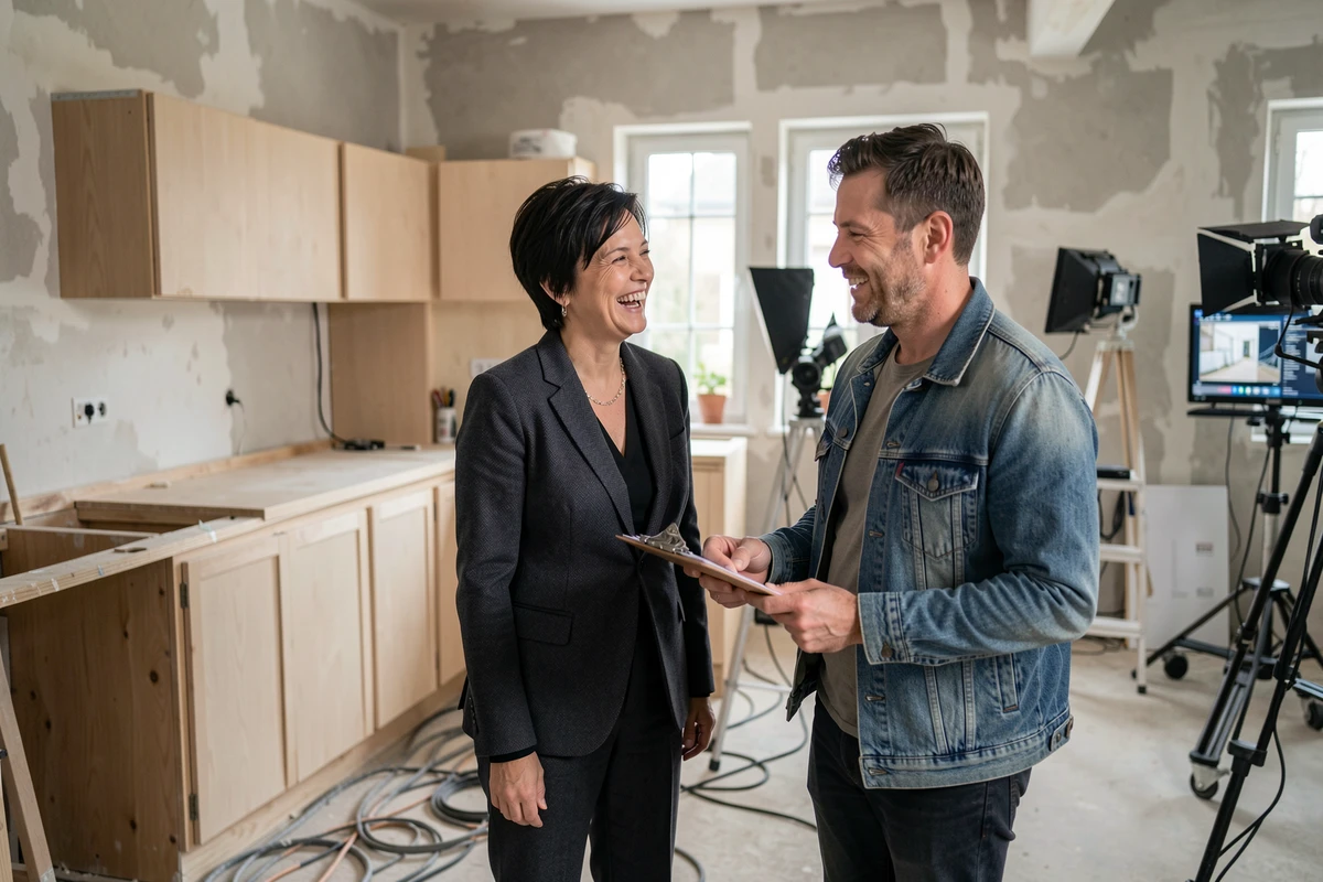 Présentatrice d'émission immobilière en coulisses riant avec un membre de l'équipe de tournage dans un décor de cuisine en rénovation