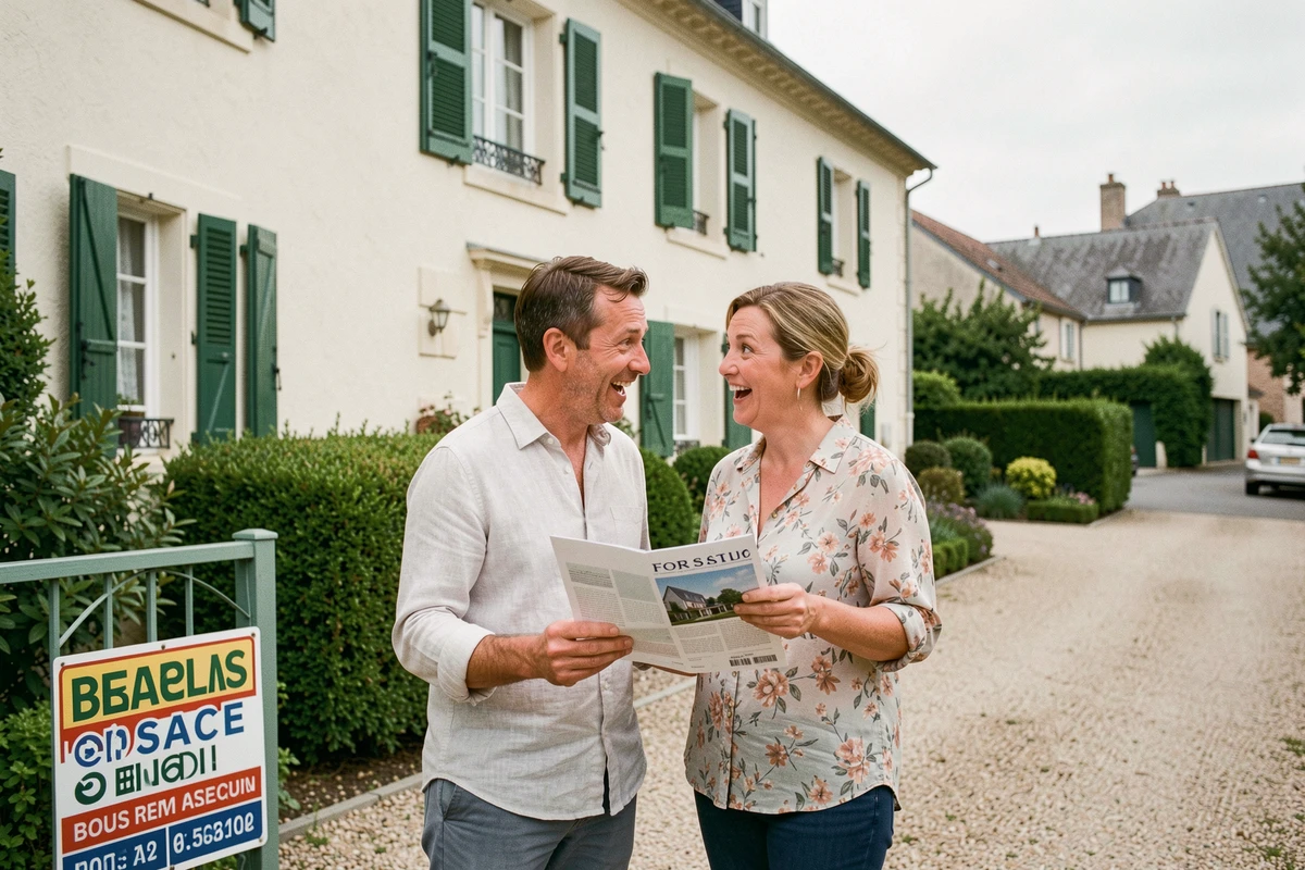 Couple découvrant une maison de banlieue française avec panneau à vendre lors d'une visite immobilière filmée pour une émission télé