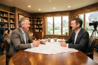 Deux participants à une émission immobilière en pleine négociation autour d'une table avec des plans de maison, ambiance tournage télévisé réaliste