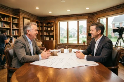 Deux participants à une émission immobilière en pleine négociation autour d'une table avec des plans de maison, ambiance tournage télévisé réaliste
