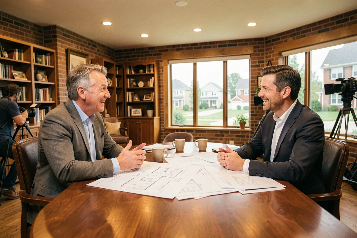 Deux participants à une émission immobilière en pleine négociation autour d'une table avec des plans de maison, ambiance tournage télévisé réaliste