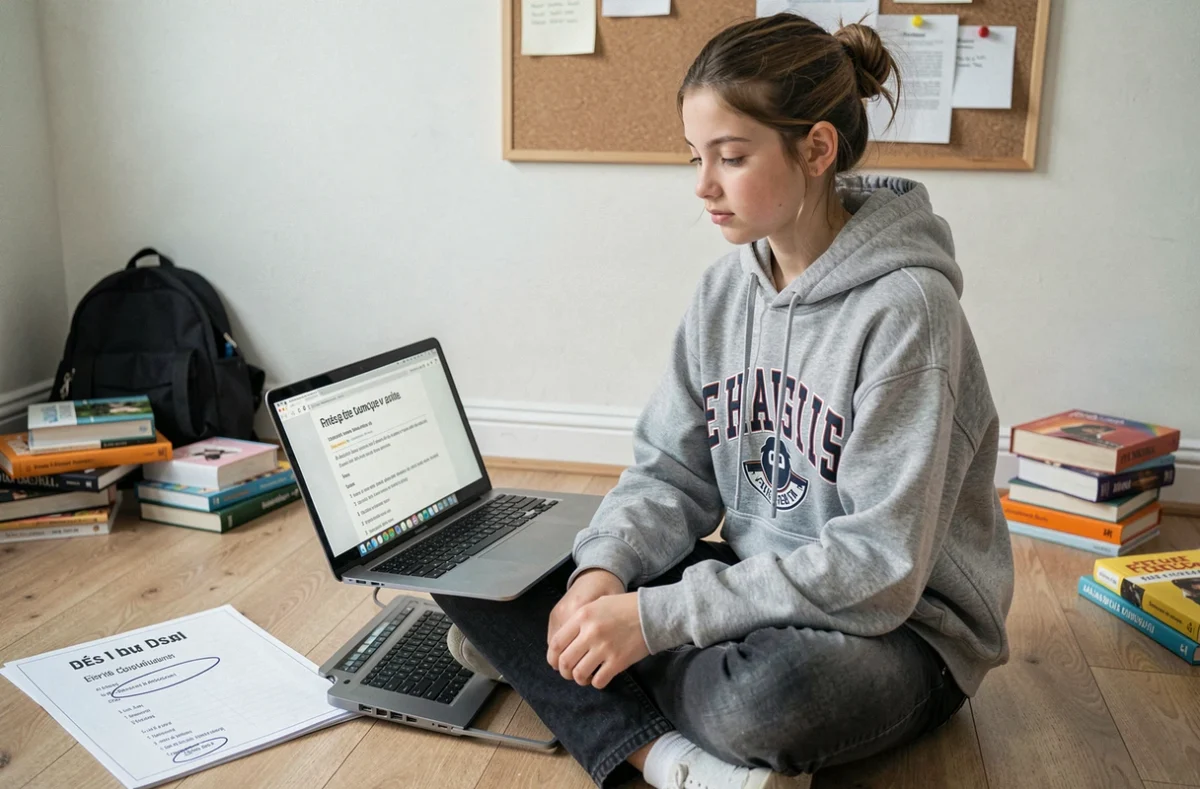 Adolescente qui révise les règles d'orthographe française sur un exercice de grammaire à l'aide de son ordinateur portable