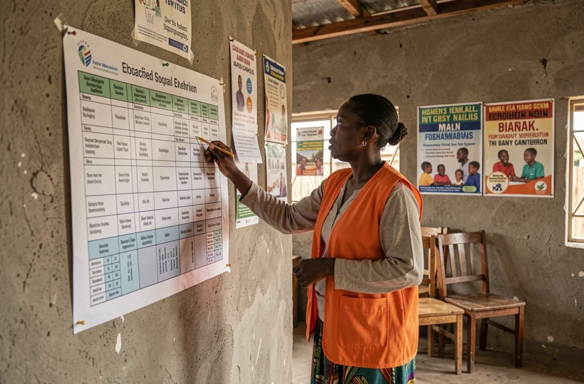 Agente de santé communautaire sud-africaine devant un tableau démographique illustrant le recul inattendu de la population en Afrique du Sud