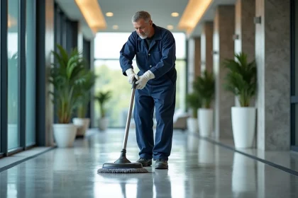 Agent de nettoyage en tenue dans un couloir moderne