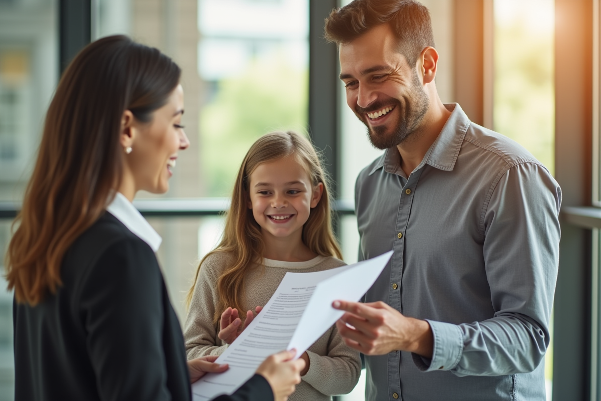 Travailleur social remettant des documents à un père seul avec sa fille