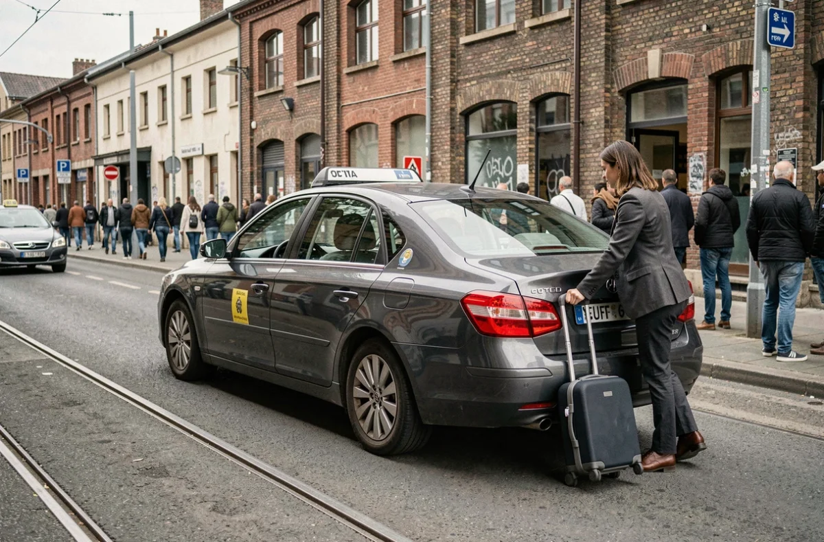 Un taxi gris prenant en charge une passagère avec une valise dans une rue commerçante animée de Saint-Étienne en Loire