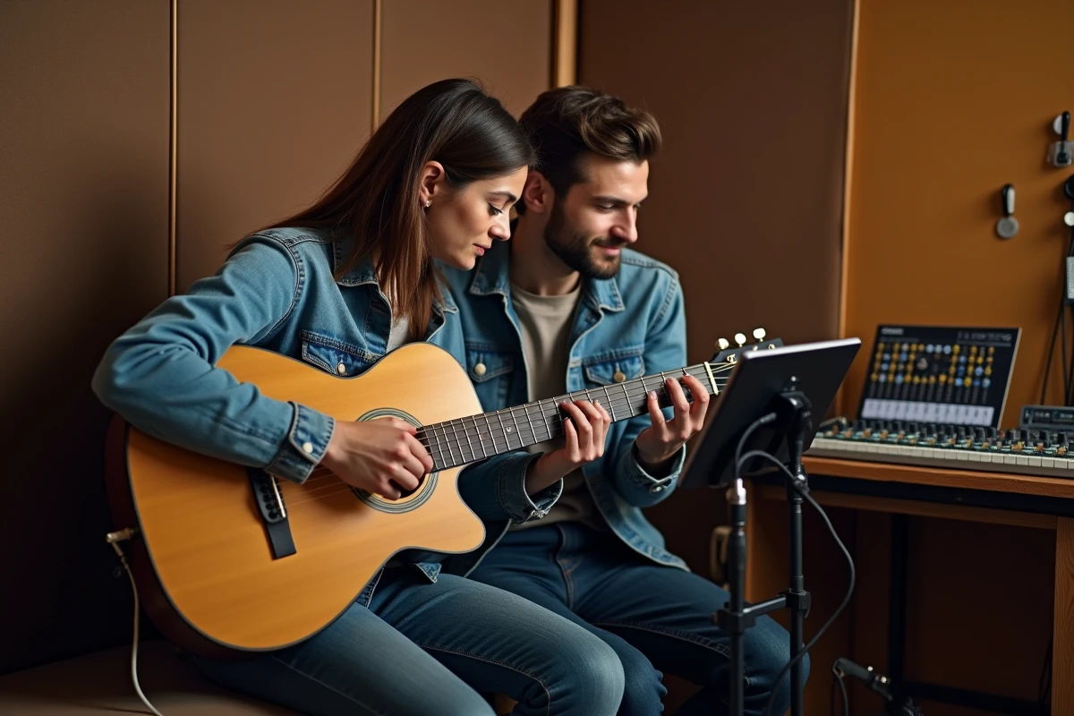 Deux amis apprenant ensemble les accords de Je te promets sur une guitare acoustique en studio