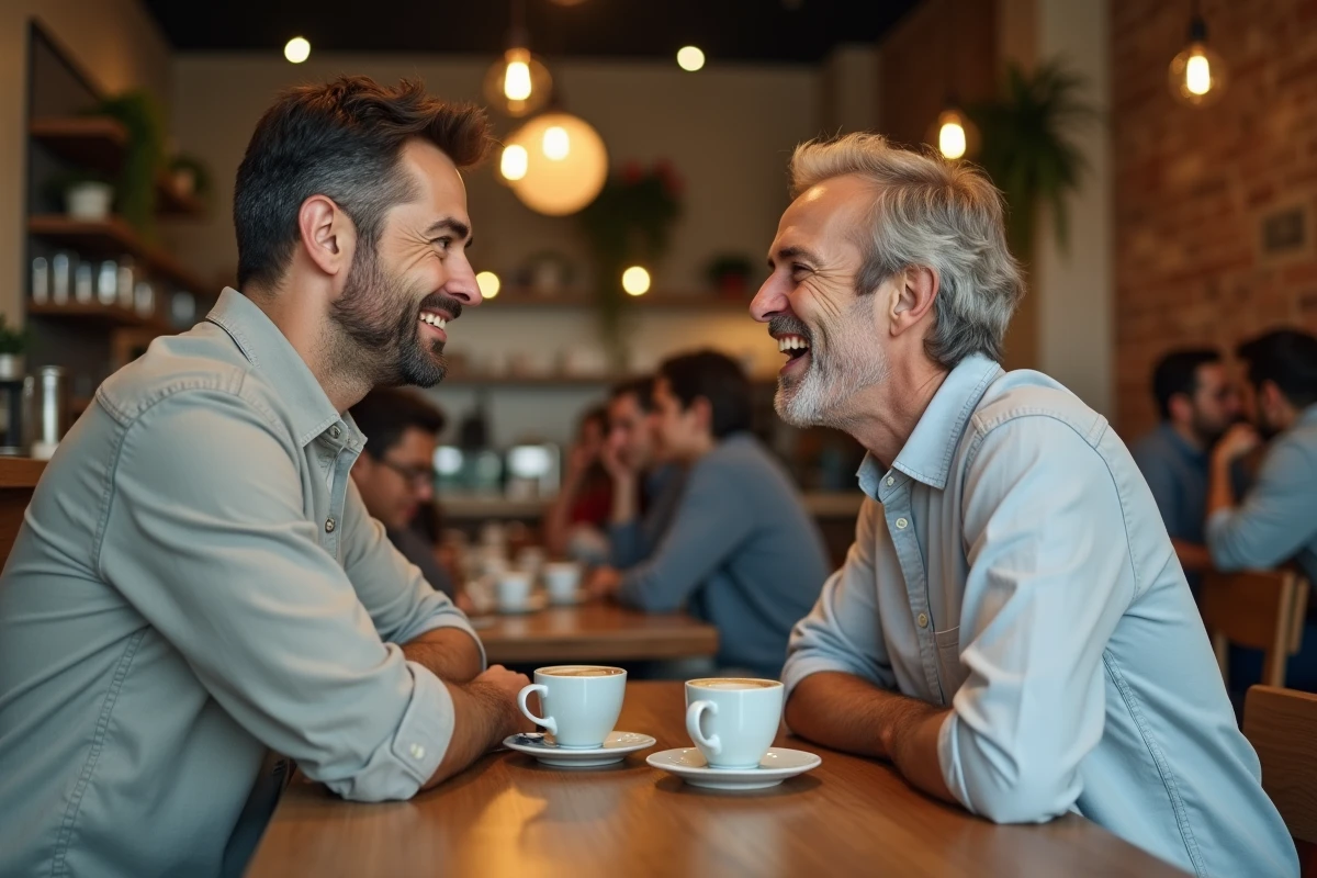 Deux amis complices partageant un café et des rires dans un café moderne, évoquant la confiance et la communication dans les relations non-traditionnelles consenties
