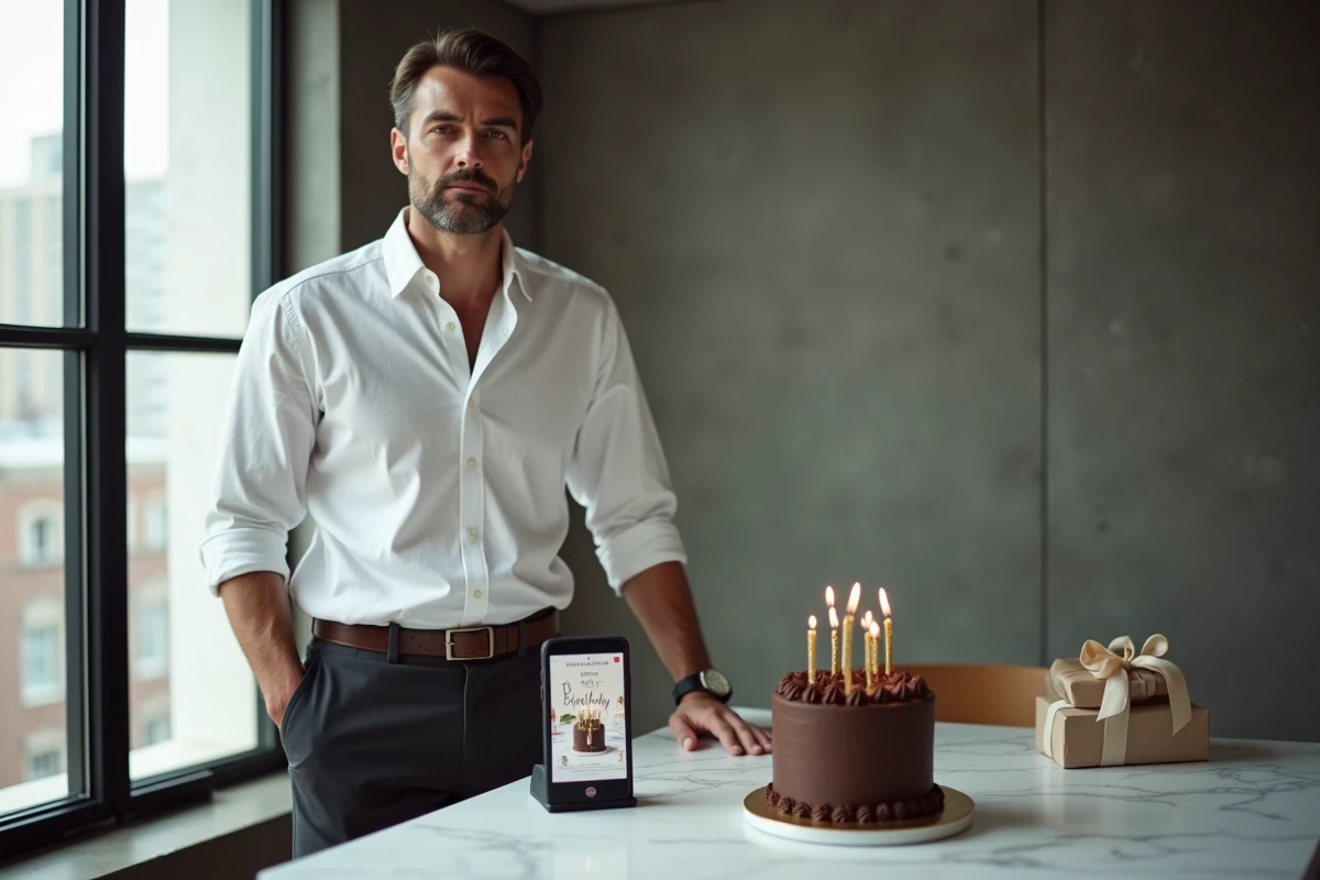 Homme adulte distingué près d'une table d'anniversaire avec un gif animé affiché sur smartphone dans un cadre contemporain