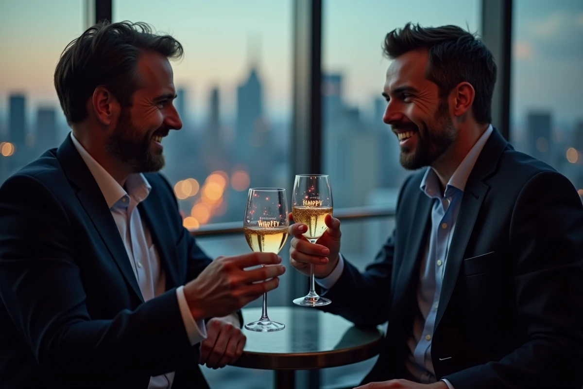 Deux hommes élégants portant un toast sur un rooftop avec un gif animé d'anniversaire affiché sur smartphone
