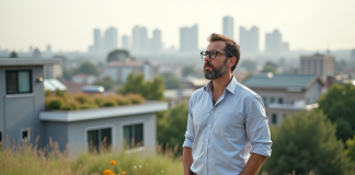 Avantages et inconvénients des toits en herbe : nos analyses et recommandations Architecte homme contemplant le toit écologique moderne