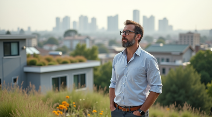 Architecte homme contemplant le toit écologique moderne