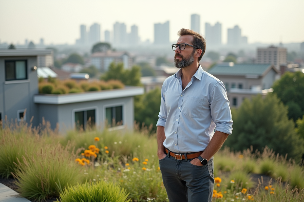 Architecte homme contemplant le toit écologique moderne