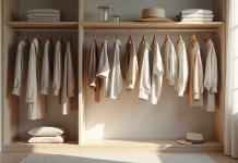 Armoire organisée avec vêtements neutres et accessoires