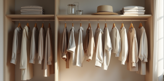 Armoire organisée avec vêtements neutres et accessoires