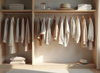 Garde-robe : secrets pour une base stylée et pratique Armoire organisée avec vêtements neutres et accessoires