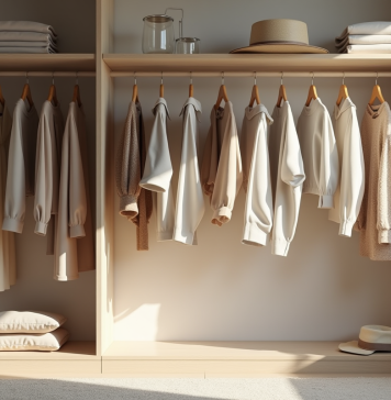 Armoire organisée avec vêtements neutres et accessoires