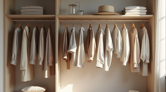 Armoire organisée avec vêtements neutres et accessoires