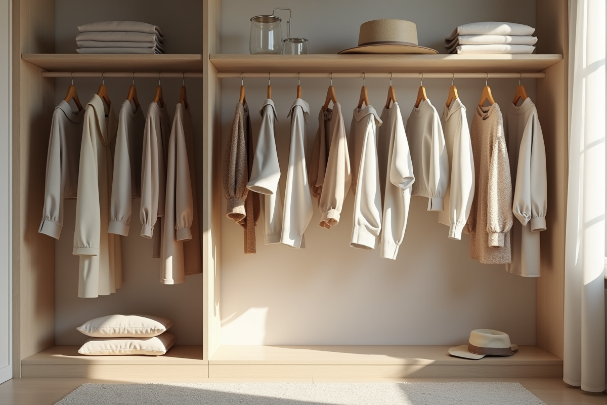 Armoire organisée avec vêtements neutres et accessoires