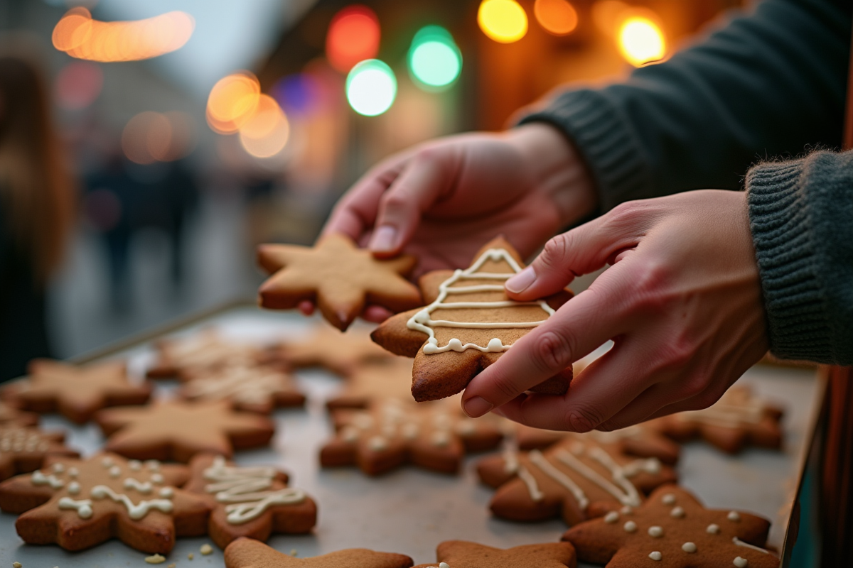 Mains d artisan servant des biscuits de Noël en forme d etoiles