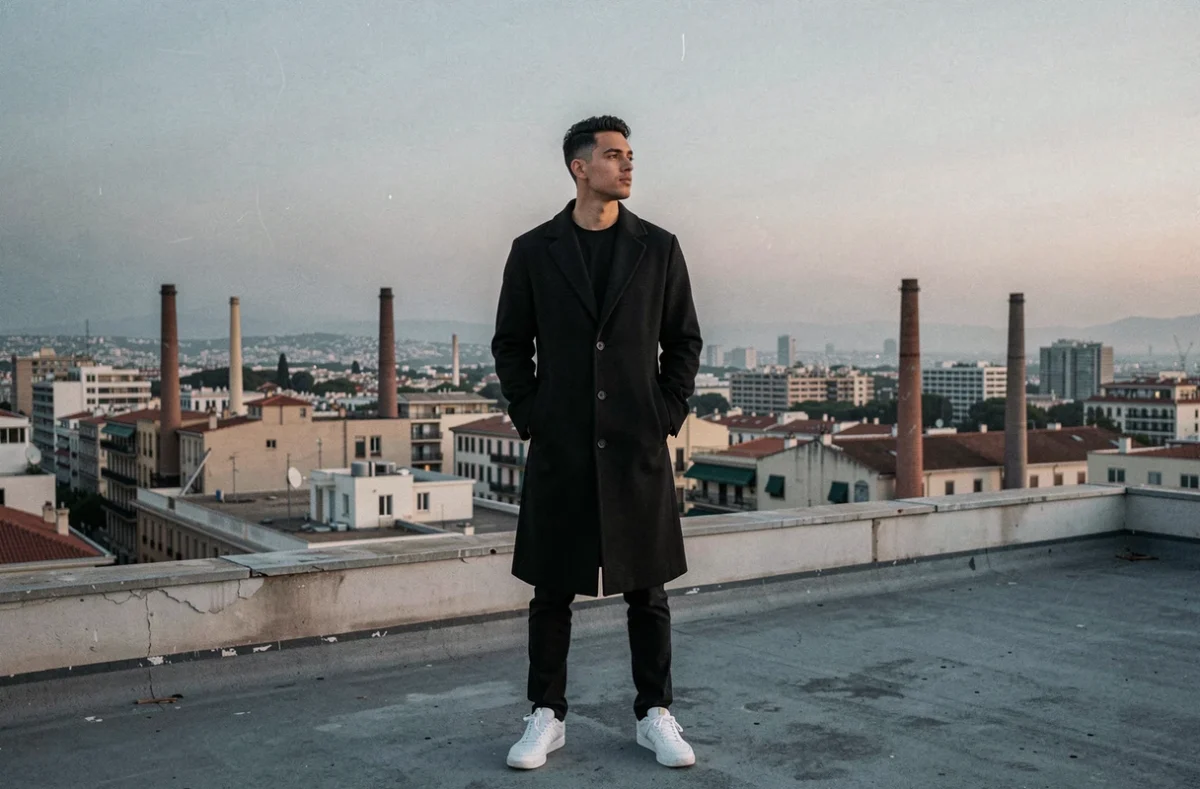 Artiste hip-hop français en manteau noir sur un toit avec vue panoramique sur Marseille au crépuscule, atmosphère urbaine et contemplative