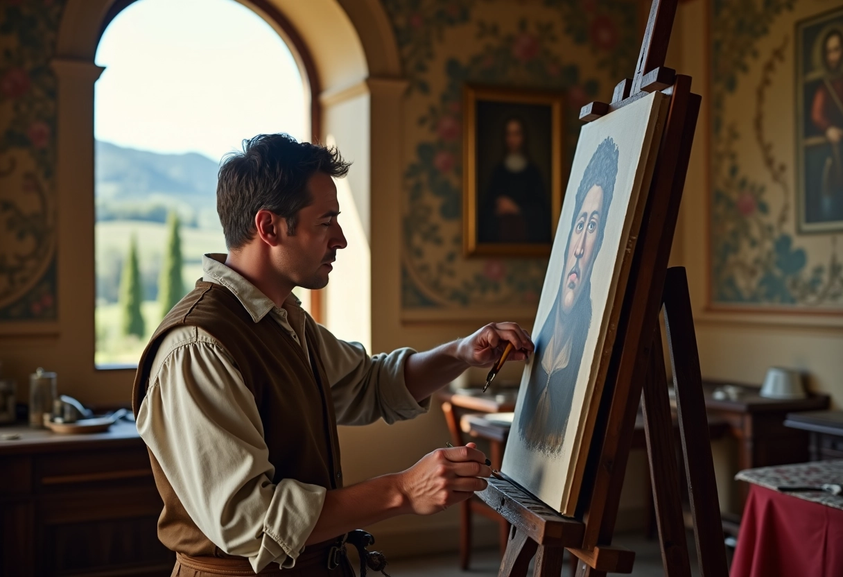Artiste peintre au studio florentin avec chevalet et paysage
