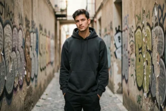 Jeune artiste de rap français en sweat sombre dans une ruelle urbaine de Marseille, ambiance introspective et atmosphère de rue authentique