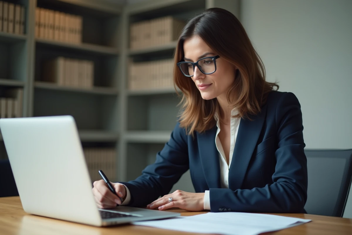 Femme avocate en costume bleu examinant des documents juridiques