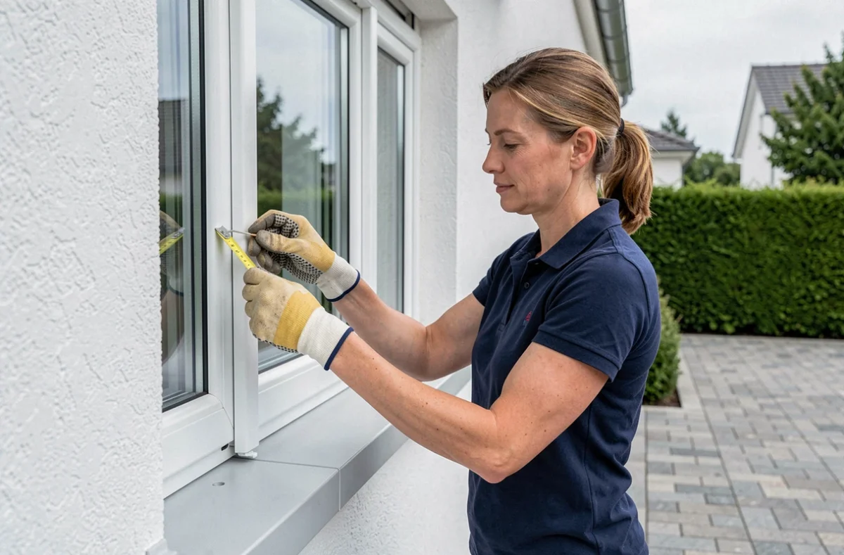 Technicienne de B.A. Fermetures ajustant un cadre de fenêtre PVC sur une maison moderne dans l'Oise