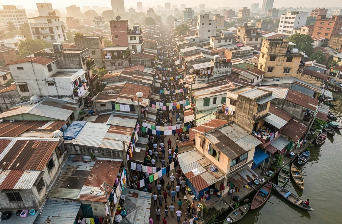 Vue aérienne d'un quartier ultra-dense de Dacca illustrant la densité extrême du Bangladesh et la révision de ses projections démographiques