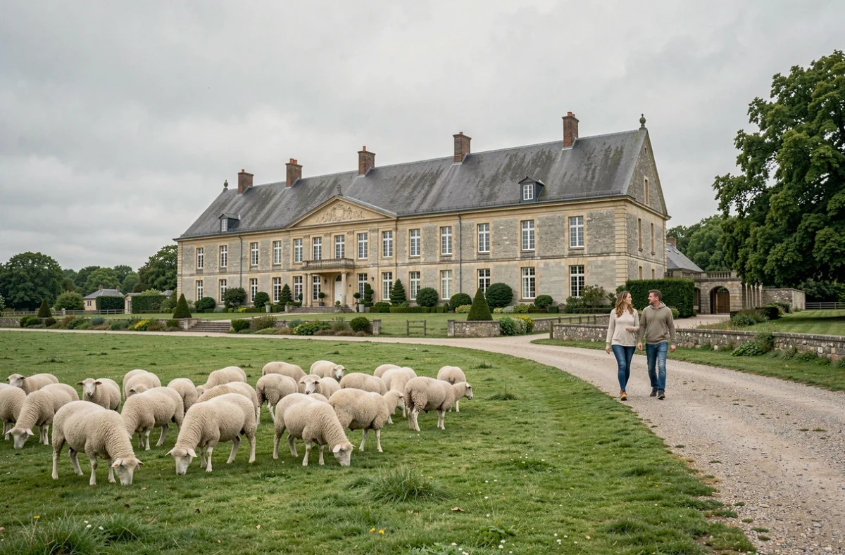 Vue extérieure de la Bergerie Nationale de Rambouillet avec moutons dans le pré et bâtiment historique en pierre