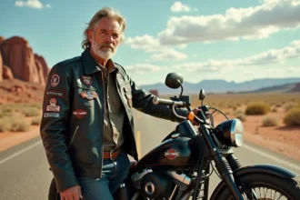 Biker avec veste en cuir patinée et moto Harley-Davidson vintage dans un paysage désertique américain