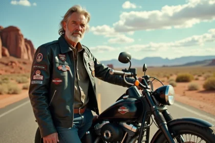 Biker avec veste en cuir patinée et moto Harley-Davidson vintage dans un paysage désertique américain