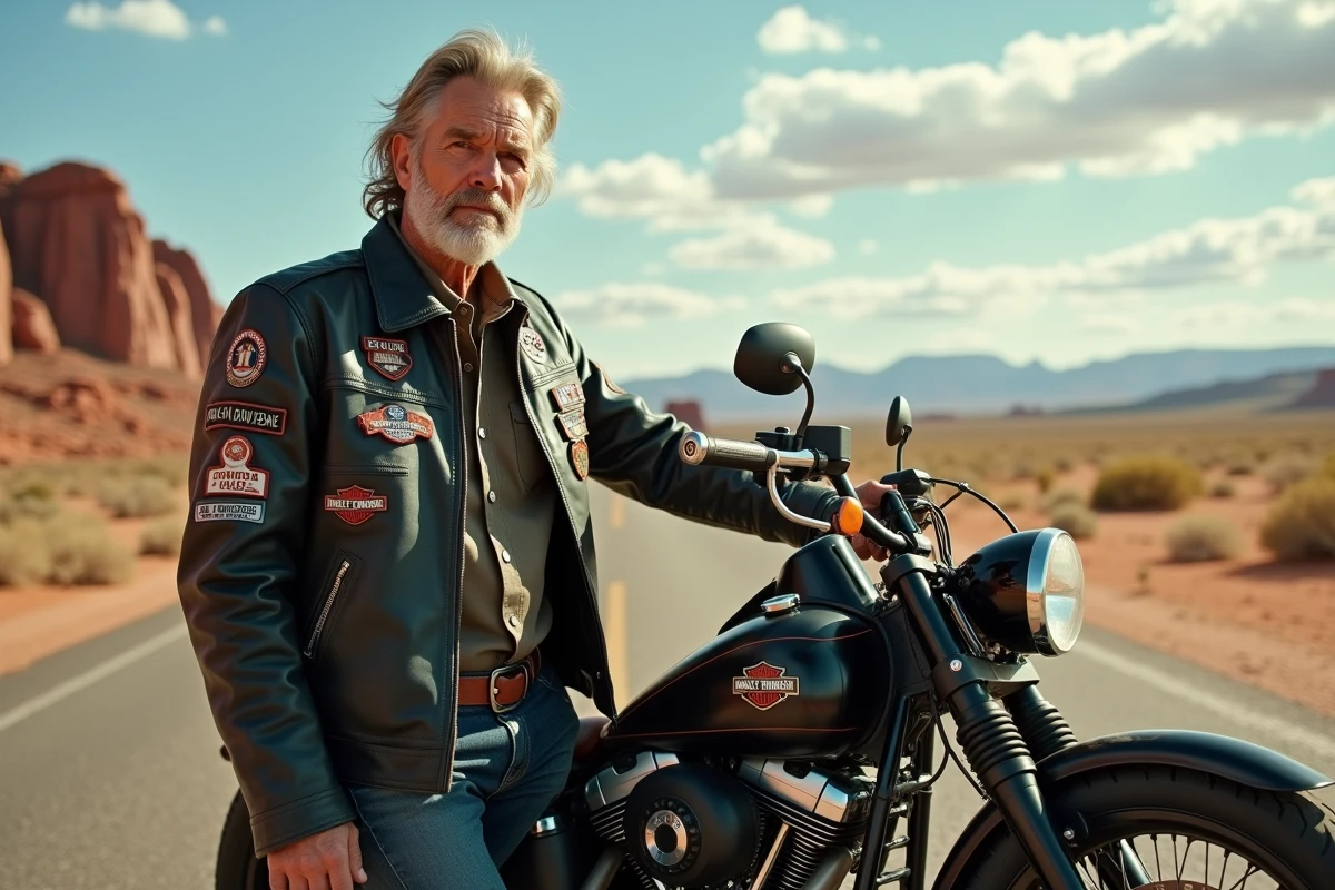 Biker avec veste en cuir patinée et moto Harley-Davidson vintage dans un paysage désertique américain