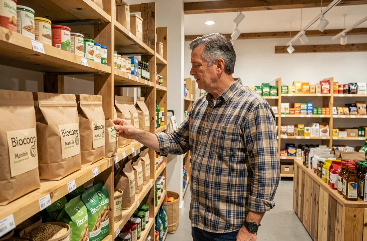 Client choisissant des produits en rayon dans le magasin Biocoop du Mantois