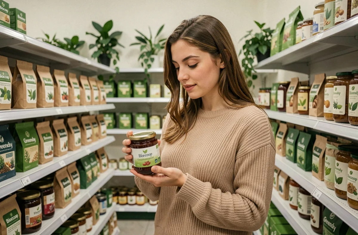 Jeune femme inspectant un pot de confiture bio au magasin Biocoop Greendy
