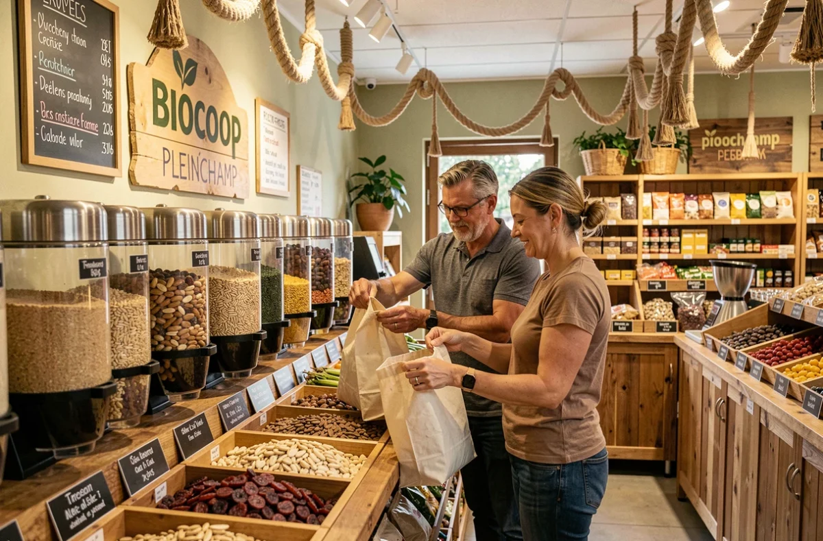 Couple remplissant des sacs réutilisables au rayon vrac du Biocoop Pleinchamp