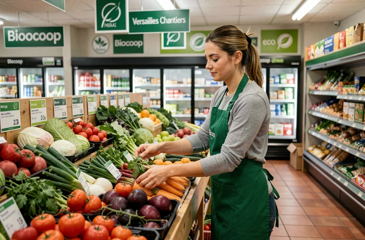 Employée arrangeant des légumes bio dans l'épicerie Biocoop Versailles Chantiers