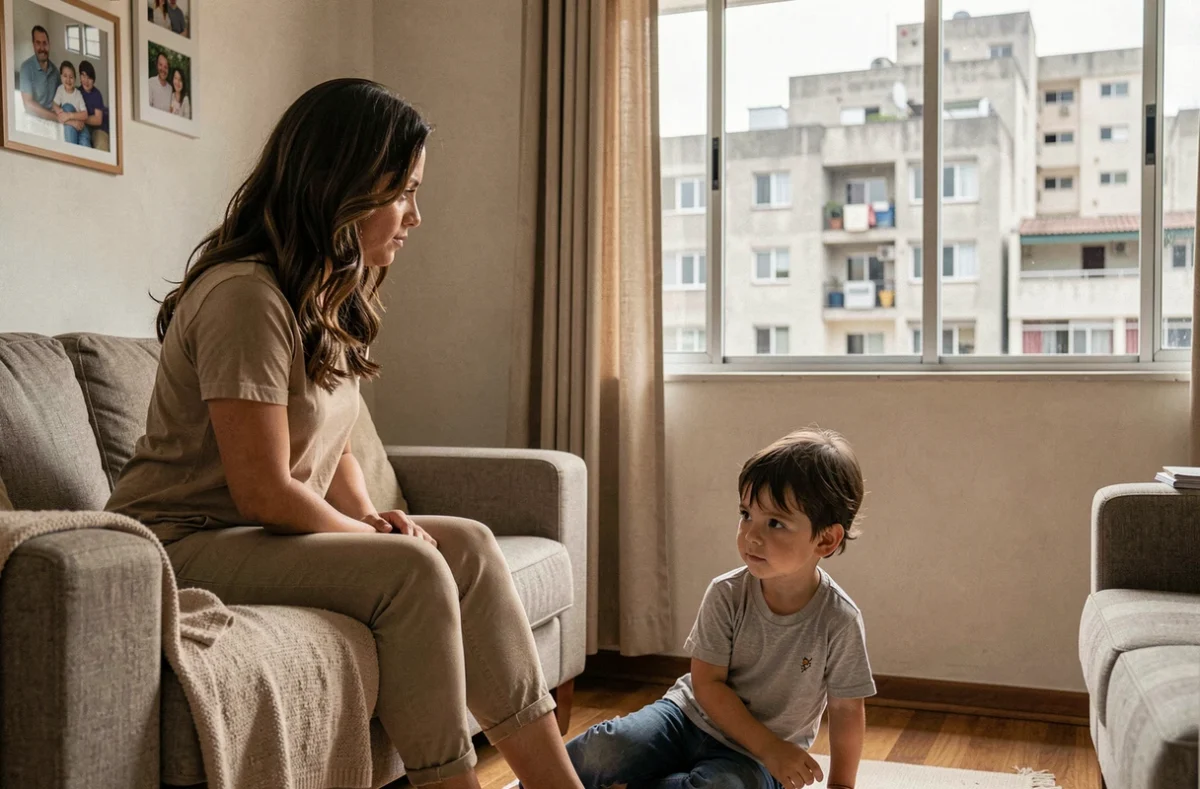 Mère brésilienne avec un seul enfant dans un appartement de São Paulo symbolisant la chute de la fécondité au Brésil