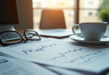 Bureau moderne avec journal financier et tasse de cafe