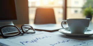 Bureau moderne avec journal financier et tasse de cafe
