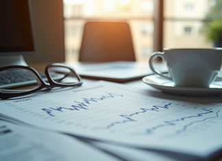 Bureau moderne avec journal financier et tasse de cafe