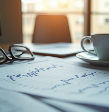 Bureau moderne avec journal financier et tasse de cafe
