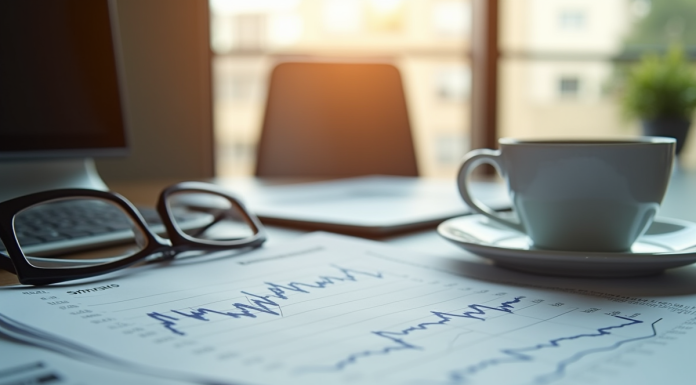 Bureau moderne avec journal financier et tasse de cafe