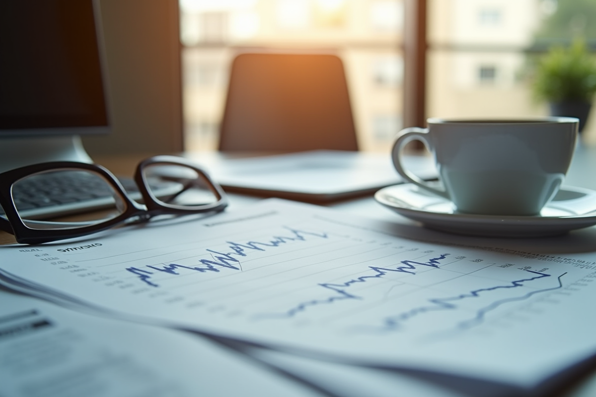 Bureau moderne avec journal financier et tasse de cafe