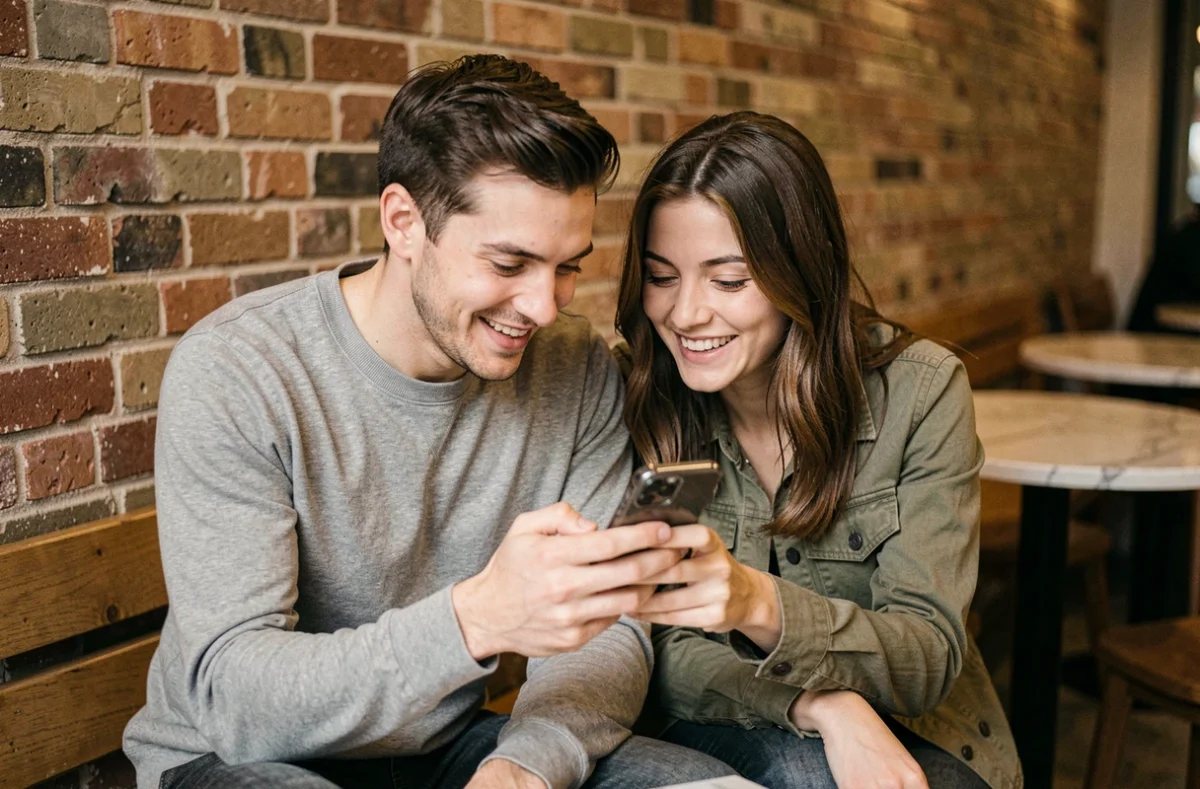 Deux amis consultant ensemble les paramètres de Cepantix sur smartphone dans un café urbain