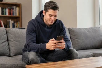 Jeune homme configurant le jeu Cepantix sur son smartphone Android dans un salon moderne