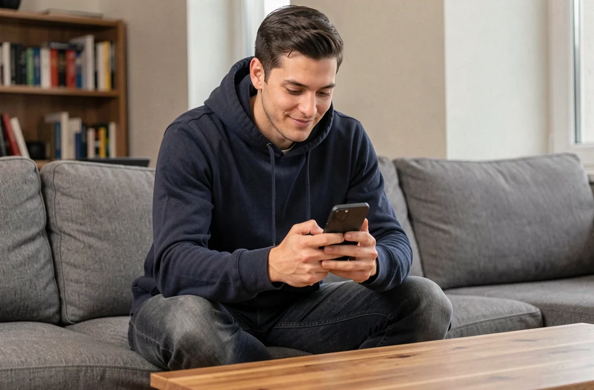 Jeune homme configurant le jeu Cepantix sur son smartphone Android dans un salon moderne