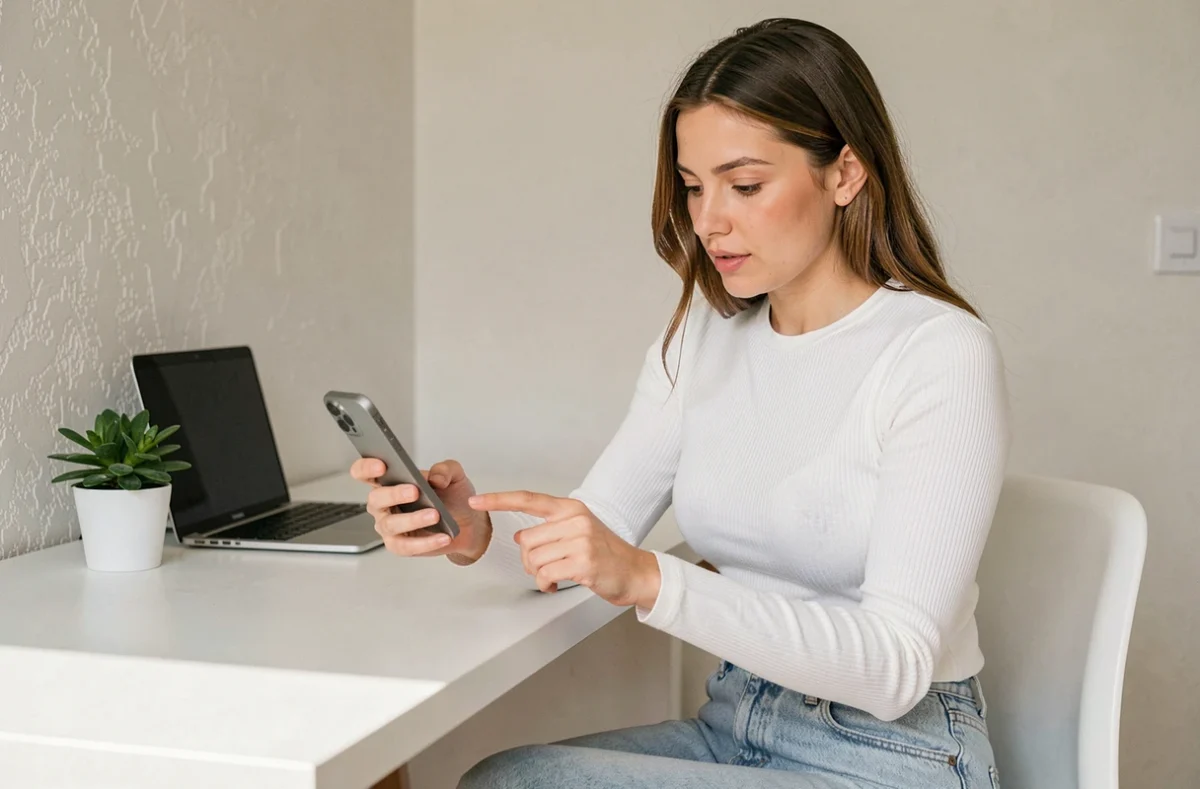 Femme ajustant les paramètres de Cepantix sur iPhone dans un bureau à domicile épuré