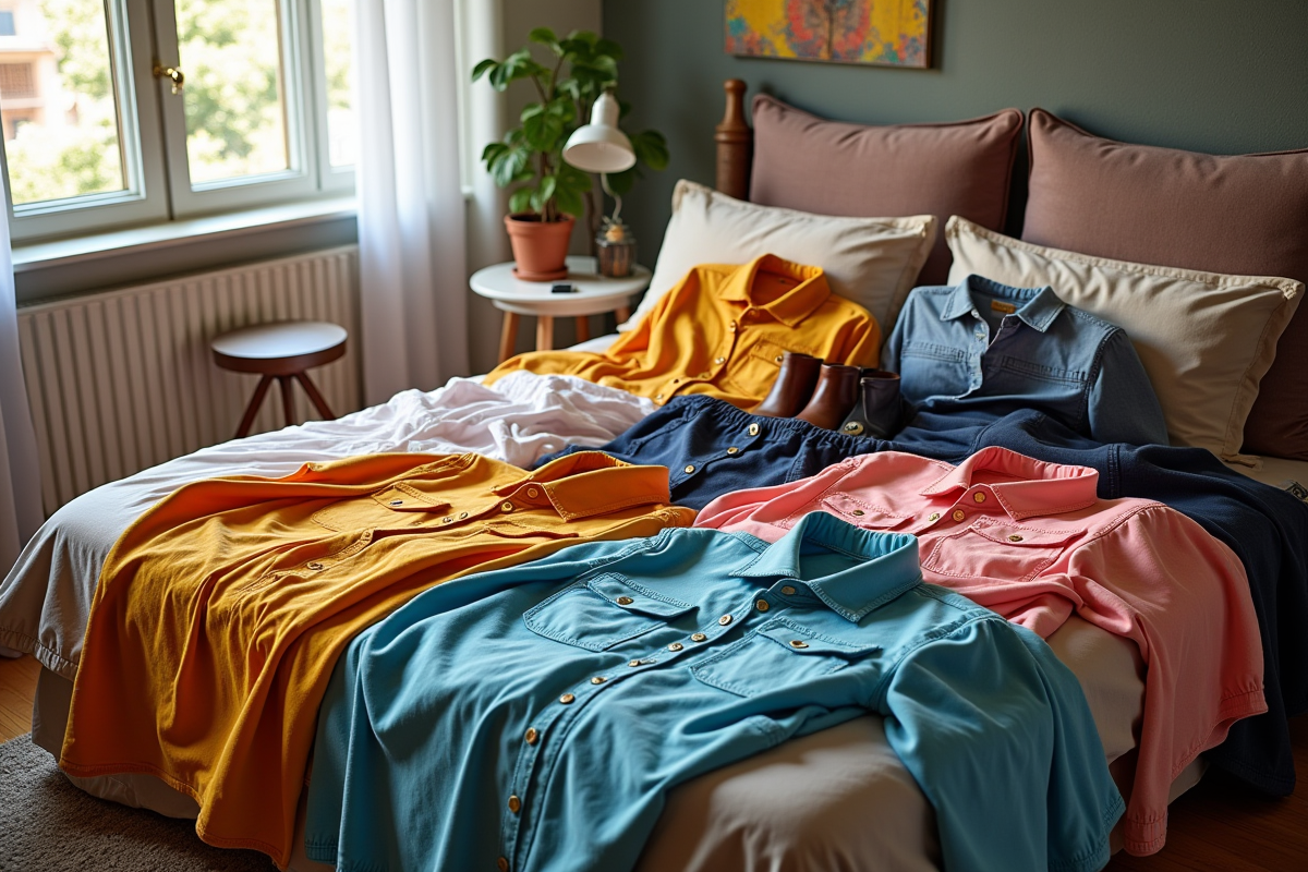 Chambre moderne avec vêtements colorés et chaussures